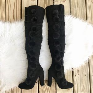 Yoki Tess Over the Knee Black Pom Pom Heel Boots